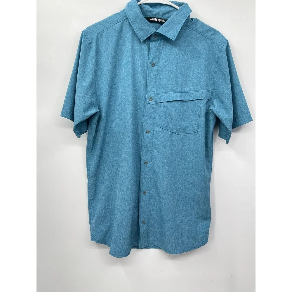The North‎ Face Medium Shirt Mens Blue Excellent Short Sleeve Snap Front Hiking